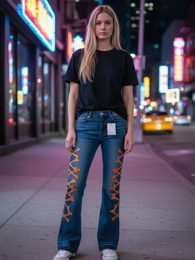 Copper9 Blue Flare Jeans with Orange Lace-Up Side Detail